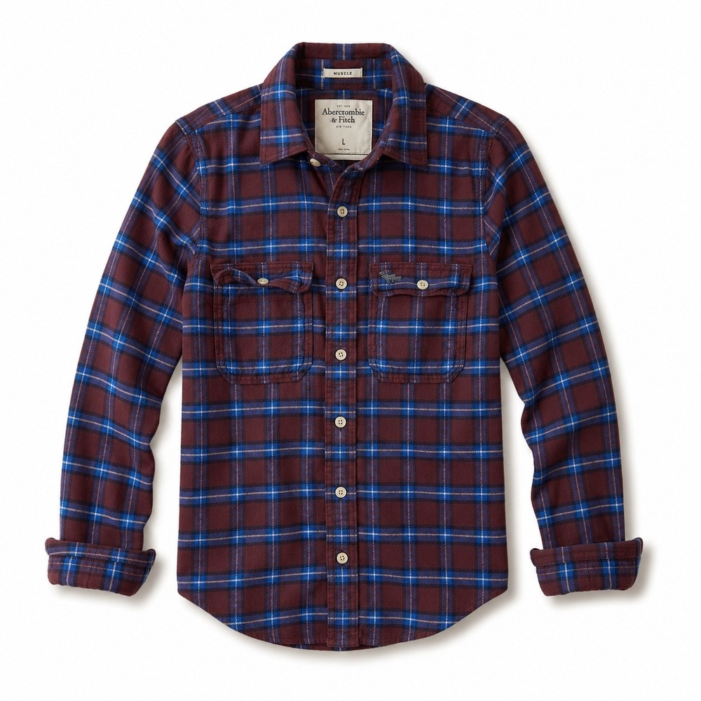 Abercrombie & Fitch Y2K Mens L Muscle Fit Flannel Shirt Burgundy Blue Fall